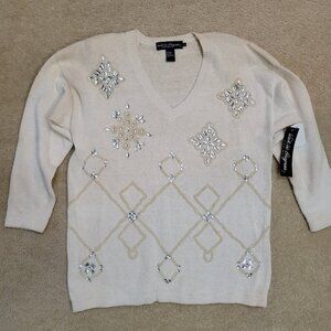 Vintage Mervyn’s 80s Beaded Pearl Rhinestone Sweater Ivory V-Neck Size Large NWT